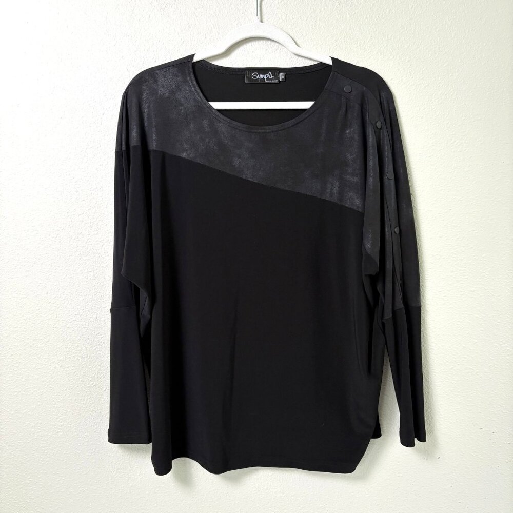 Sympli Storm Boxy Foil Top Size 8 Black Pullover Button Detail Blouse Stretch